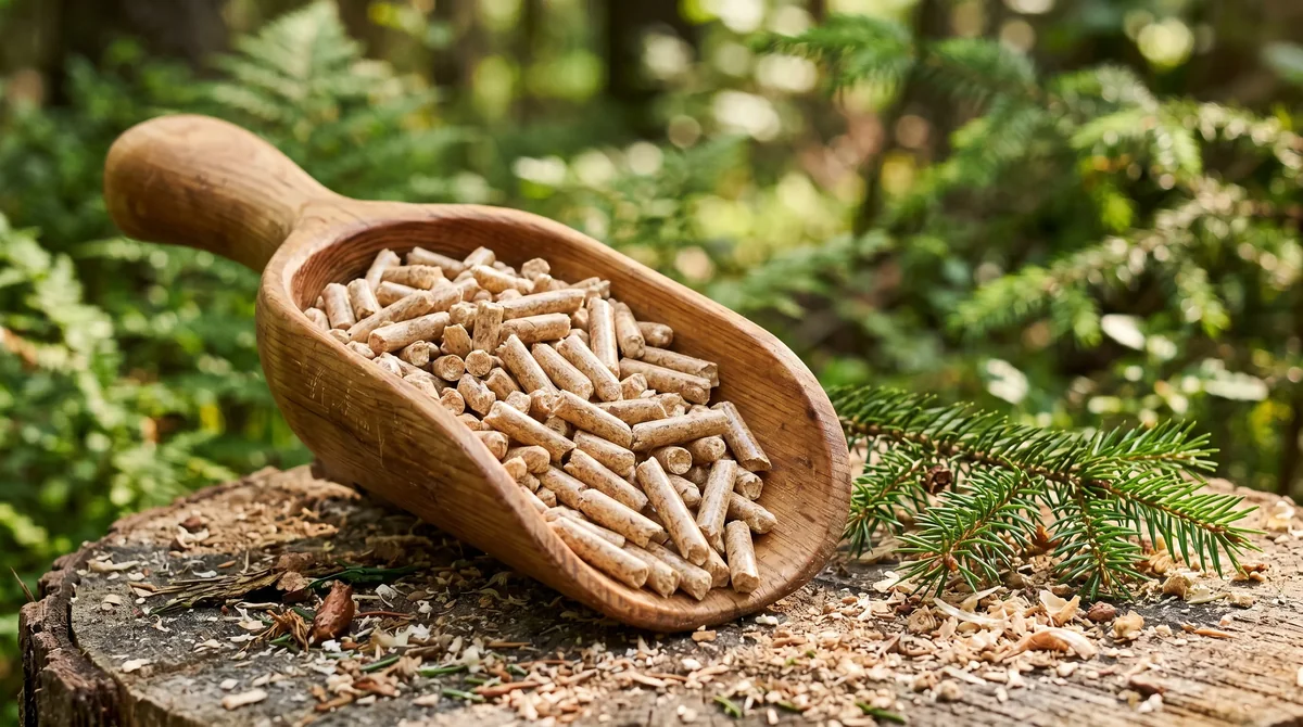 Pellet drzewny ENplus A1 w sosnowej łyżce z bokeh zielonego lasu - certyfikowane paliwo do kotła dofinansowanego w województwie opolskim
