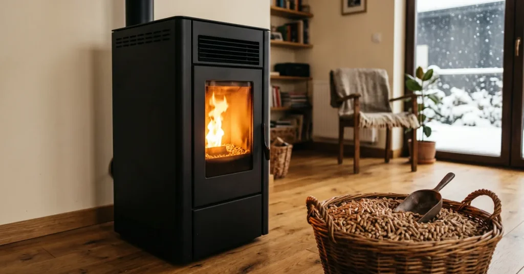 Czarny kociol na pellet z cieplym bursztynowym plomieniem w przytulnym salonie, obok kosz z pelletem