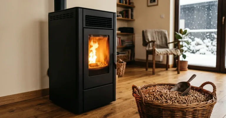 Czarny kociol na pellet z cieplym bursztynowym plomieniem w przytulnym salonie, obok kosz z pelletem
