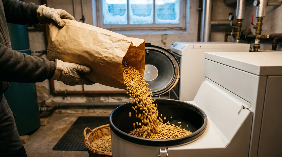 Napełnianie zasobnika kotła na pellet - dłonie wsypują granulki pelletu drzewnego ENplus A1 do hopper z worka, prosta obsługa automatycznego ogrzewania pelletem