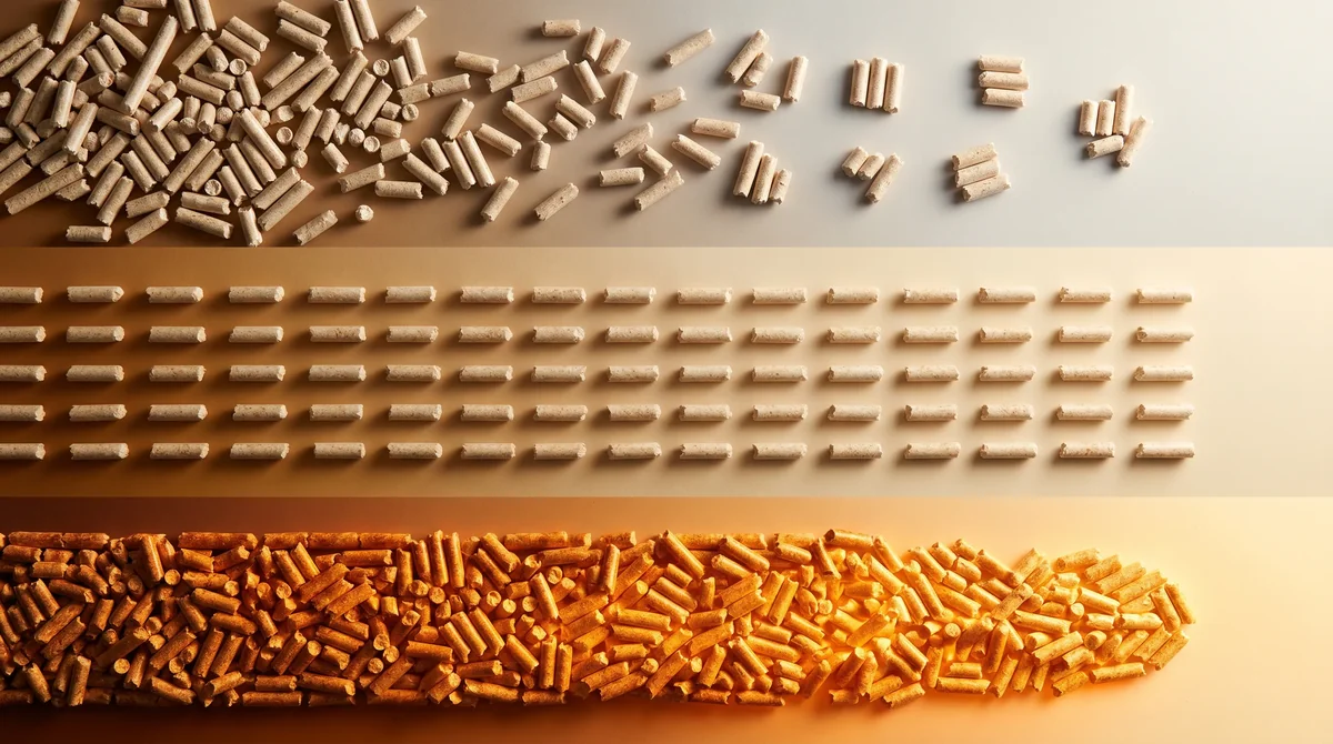 Pellet drzewny ENplus ułożony w trzy poziome pasy o rosnącym porządku i ciepłości - krok po kroku metafora wzoru kalkulacji kosztu ogrzewania pelletem od rozproszenia do jasnego wyniku