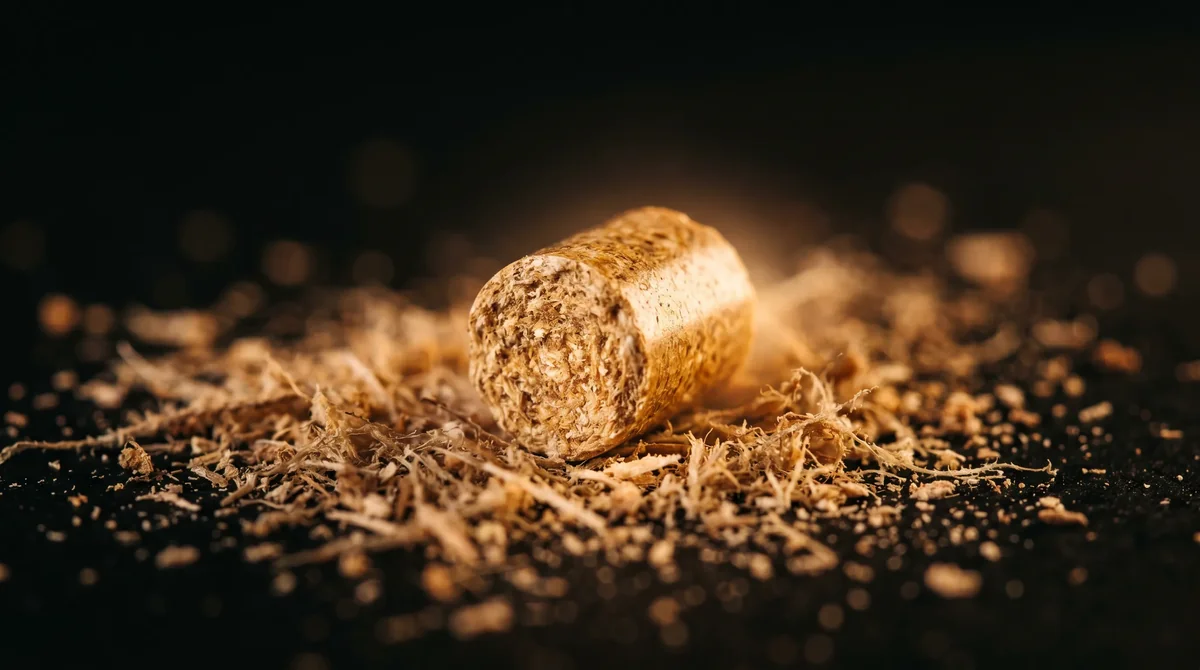 Makro - pojedyncza granulka pelletu drzewnego ENplus A1 z widocznymi włóknami drewna - ekologiczne odnawialne paliwo CO2-neutralne