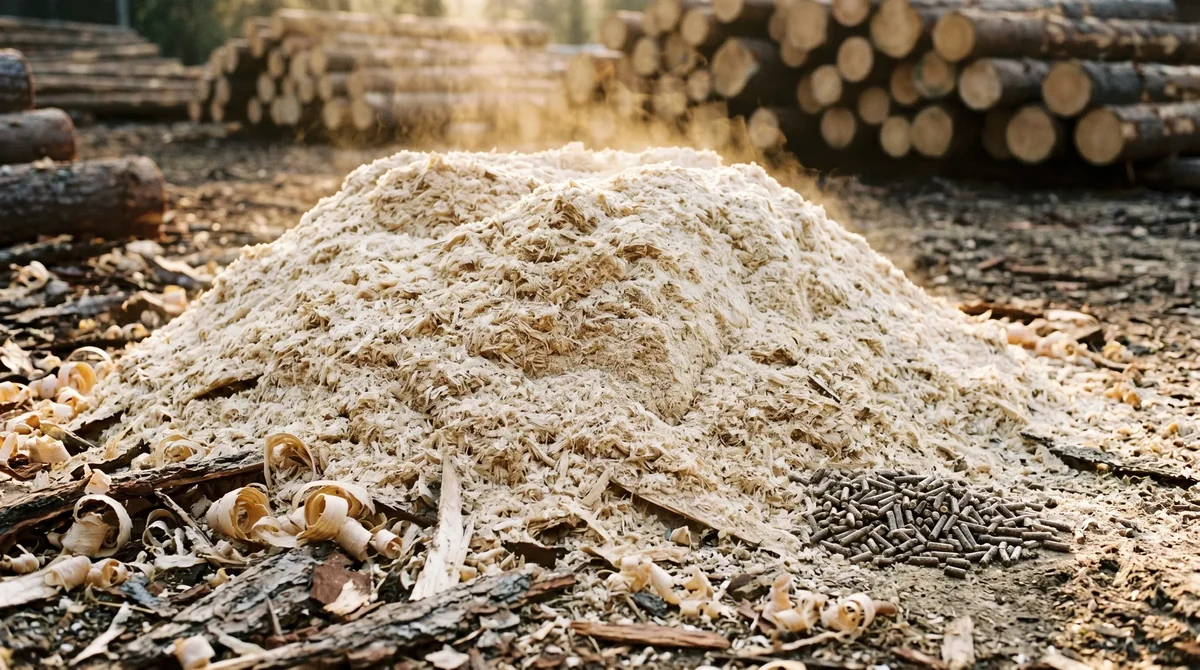 Mokre trociny i wióry sosnowe z parą - surowiec drzewny do produkcji pelletu ENplus A1 przed suszeniem z wilgotnością 35-45 procent